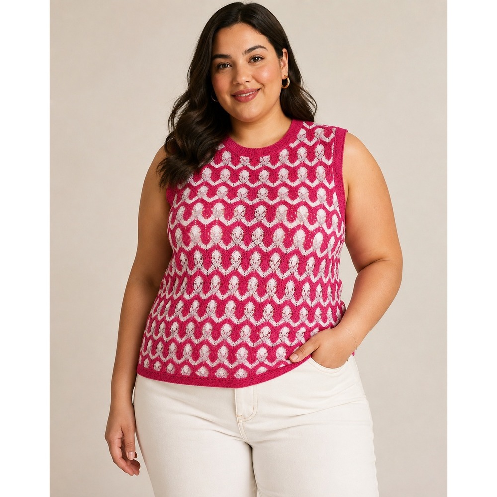 Vintage Lane‎ Bryant Pink White Crochet Knit Tank Plus Size 2/XL